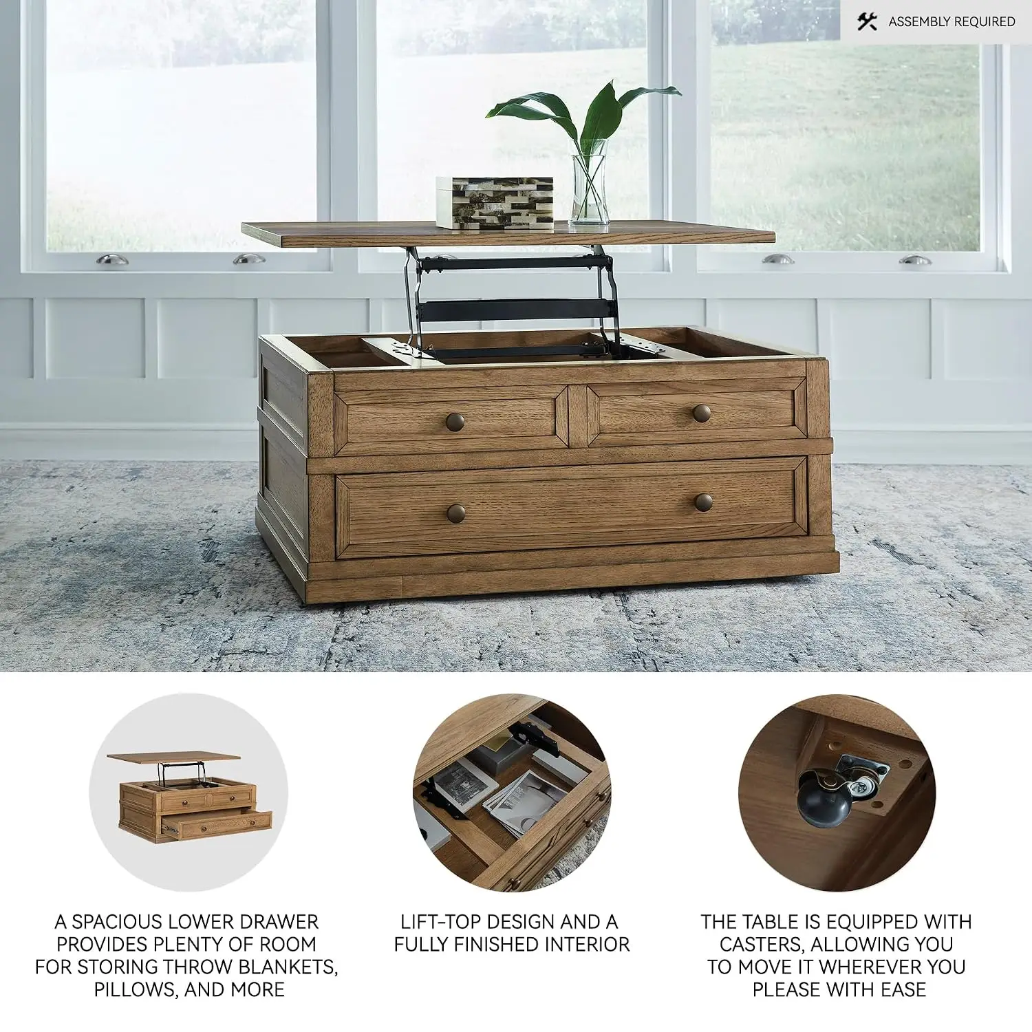 Sharlance Classic Lift-Top Coffee Table with Drawer and Casters, Light Brown