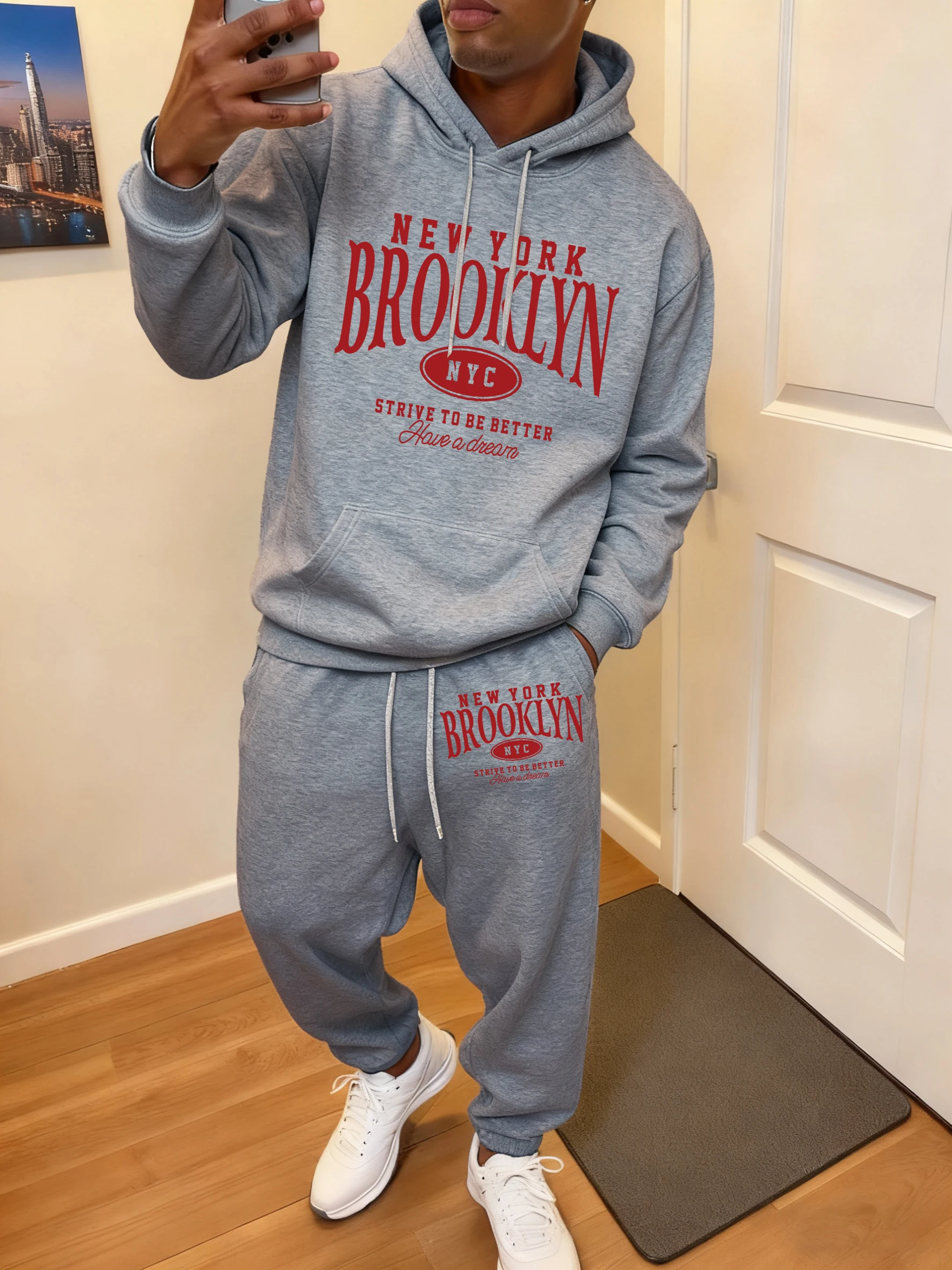 

Brooklyn New York Words Printed Men Hoodie Set Pocket Soft Jogging Pants Sport Fleece Pullover Casual Fashion Man'S Autumn Sets