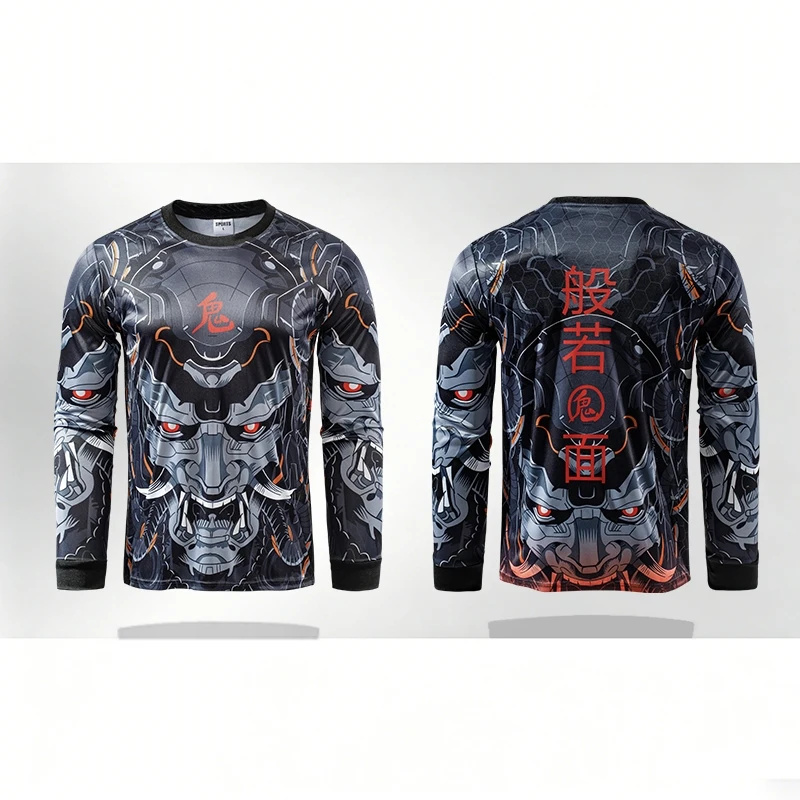 Motocross (MX) Long-Sleeve Jersey – 3D Print (Oriental Demon Mask Design), Breathable Loose-Fit Mountain Biking Shirt