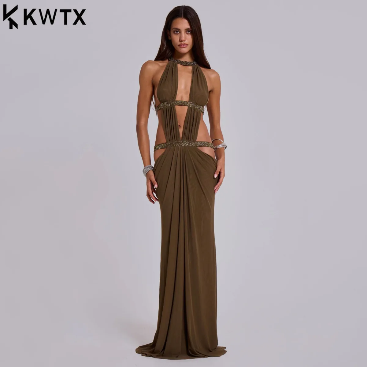 KWTX セクシーな背中見せホルターネックマキシ丈ワンピース カットアウト パッチワーク 細見え ボディコン デザイナー エレガント ミニマリスト 快適 プレミアム カジュアル