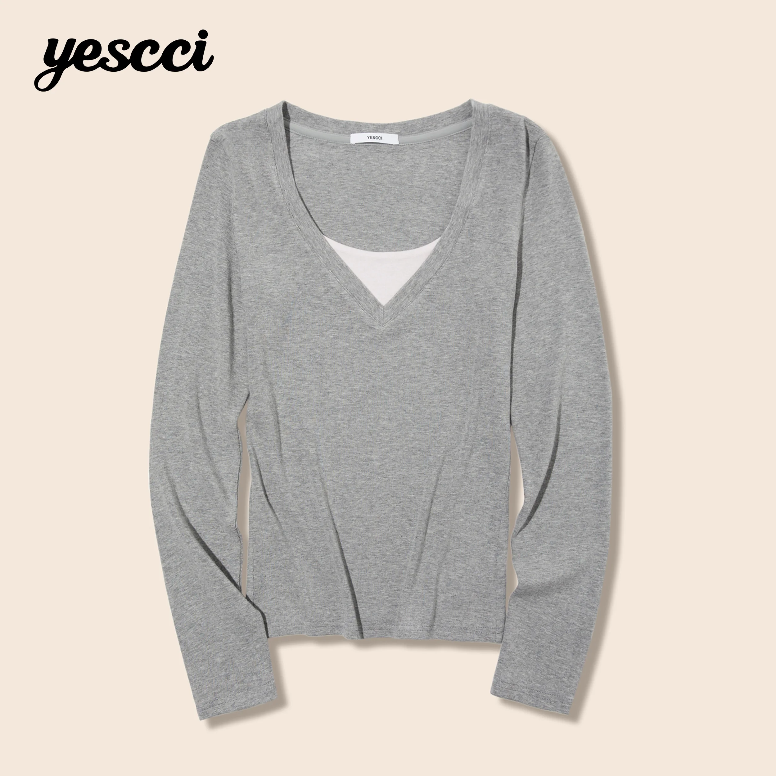 YESCCI T-shirt Women Colorblock Versatile Slim Fit Soft Stretch Casual T-Shirts 2026 Autumn New Deep V Neck Top Tee S56112026