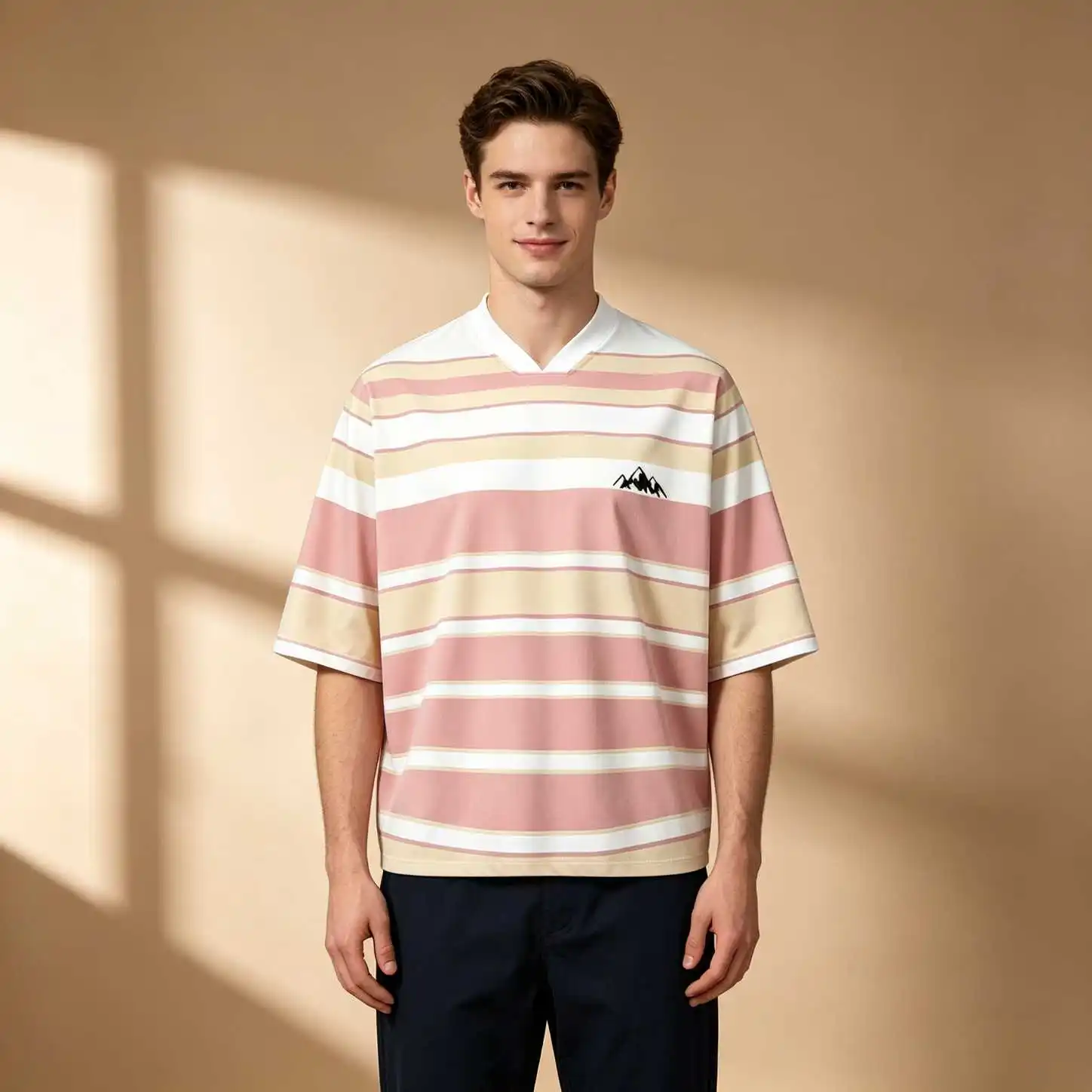 Summer Men Retro Pink Stripe Mountain Logo Print Oversized V Neck Elbow Sleeve Tee, Casual Loose Fit