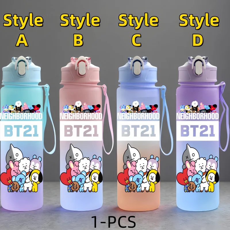 زجاجة مياه BT21 - زجاجة محمولة خارجية ذات سعة كبيرة مع حبل - هدية للأولاد والبنات