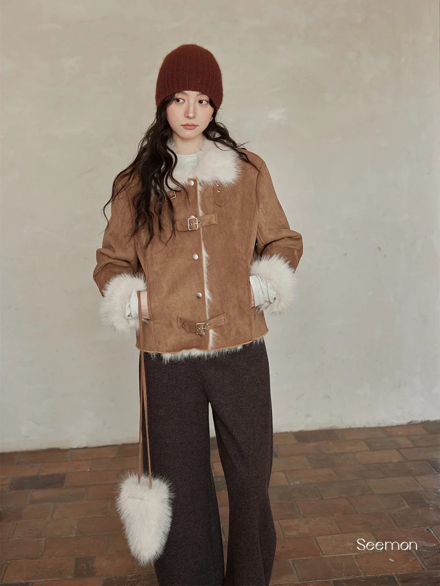 Casaco Curto Feminino Ximen 2025 de Inverno em Couro Grosso com Gola Alta e Forro de Pele, Elegante e Exclusivo, Tamanho Pequeno, Cor Café