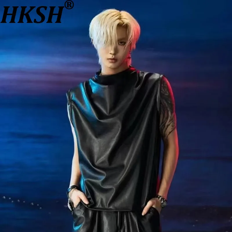 

HKSH Летний новый мужской жилет Dark Tide Модный уличный однотонный жилет без рукавов из искусственной кожи Майка в стиле панк Повседневная HK8490