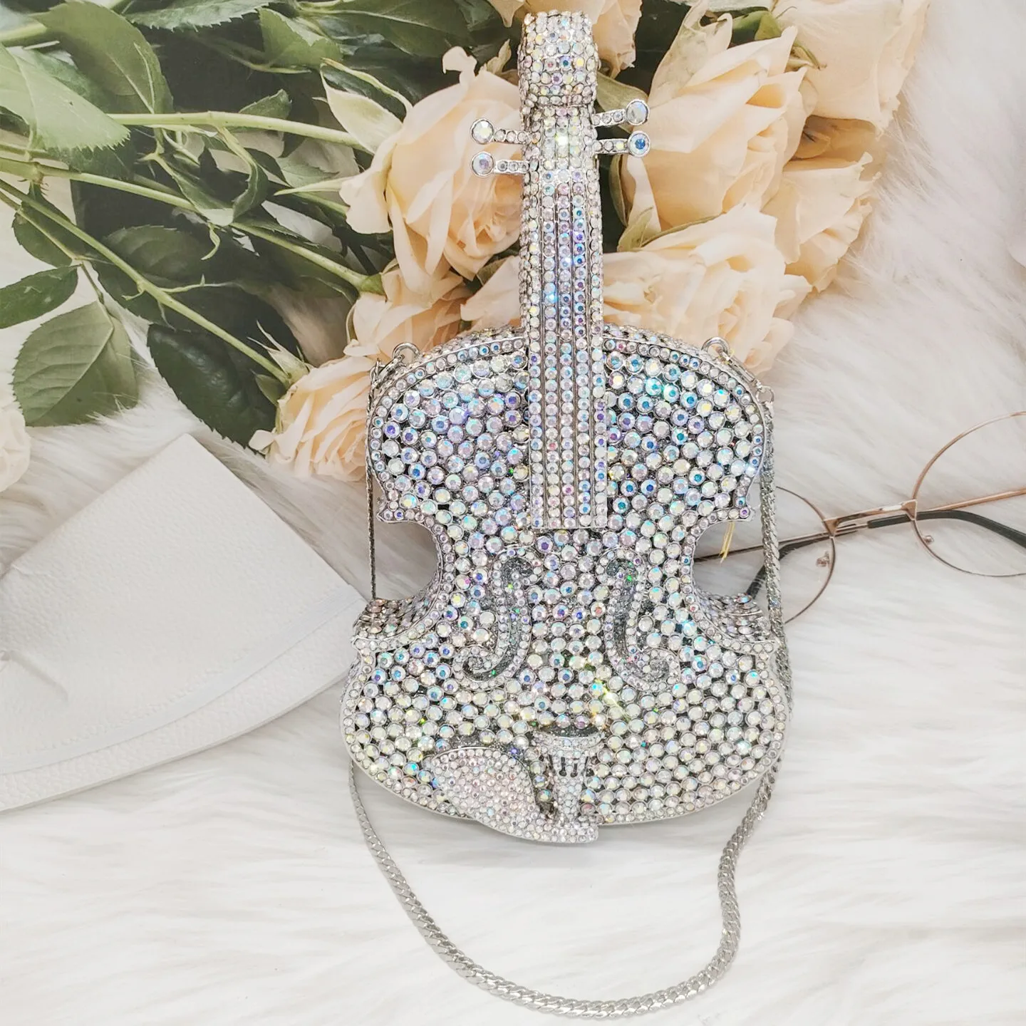 DGPEAFOWL Personal Tai 3D Violin Design Diamond  Bag For Women Luxurious Evening Wedding Handbag Ladies Party Phone Cosmetic Bag