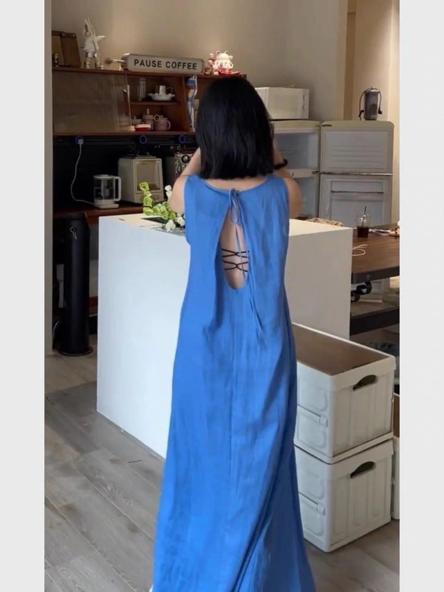 Klein bleu été Bal Svel Dr femmes plage Vaion jupe longue taille haute a-ligne coréenne Sle décontracté rond Ne