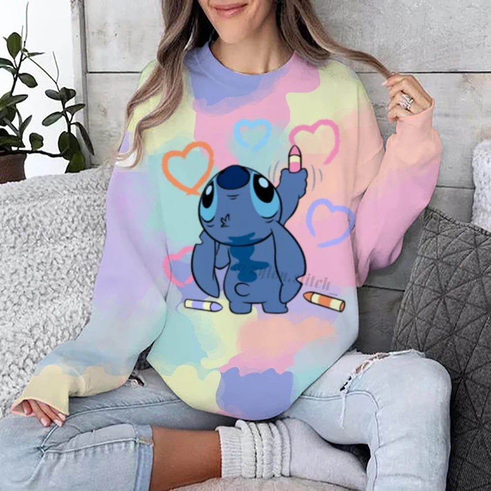 2024 nueva sudadera de dibujos animados de Disney Lilo & Stitch para mujer, Jersey holgado con cuello redondo, Top de manga larga con estampado divertido de otoño