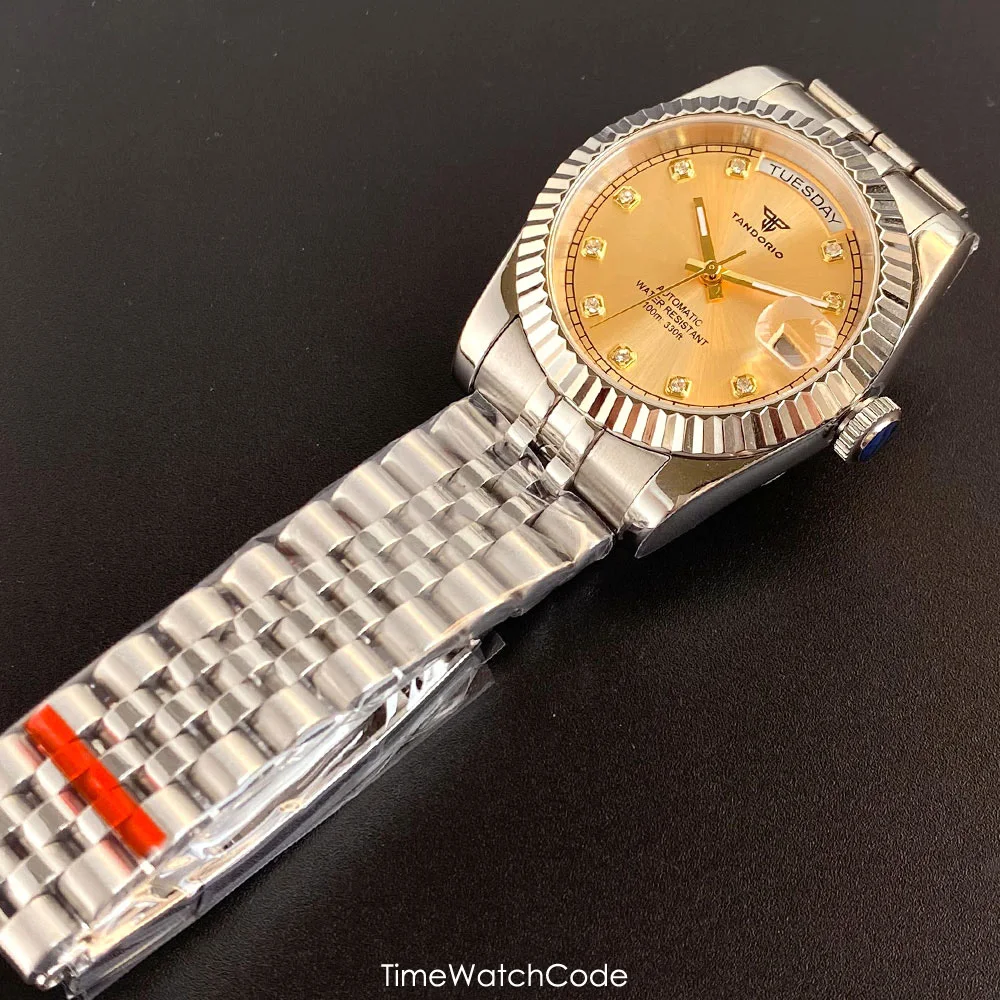 Tandorio Luxury NH36A Watch for Men Automatic Movement Classic Roman Dial Diamond Markers Day Date Sapphire Jubilee Band 36/39mm