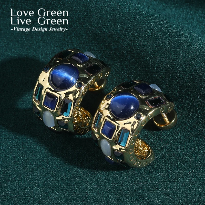 

Vintage Blue Opal Stud Earring Gold Color Cat Eye Stone Luxury Jewelry Designer Quality Gifts Trends 2025 For Woman Wedding New