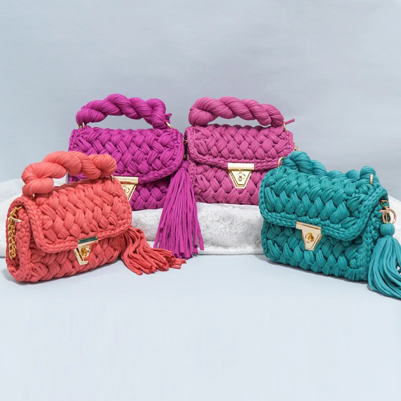 Handwoven women's contrasting color handbag with colorful chain diagonal cross bag