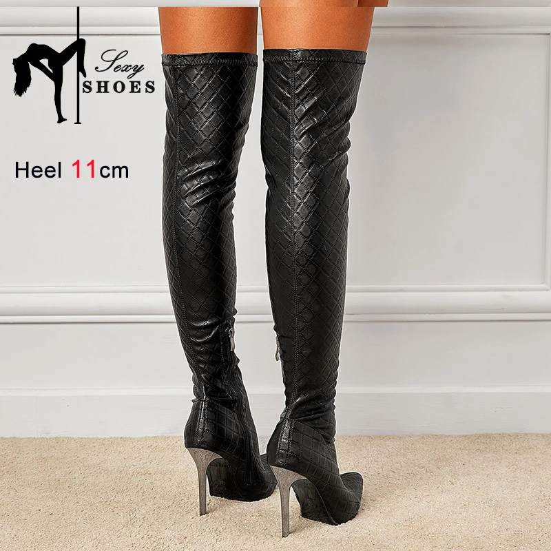 Sexy Nightclub Party Stripper Over-the-Knee Boots Pointed Thin Heel Black Slim Knee Retro Simple Elastic Long Boots Tall Botas