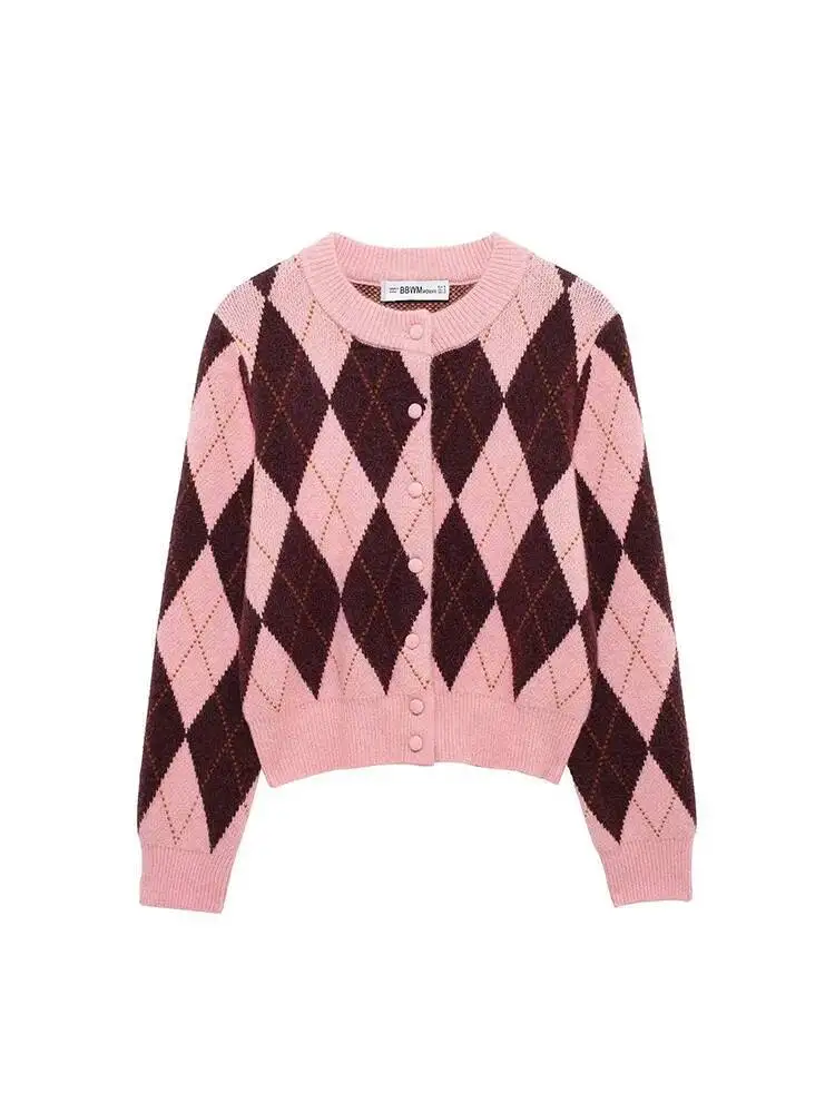 

Новинка осени-зимы 2025 года, женский трикотаж с геометрическим принтом, винтажный женский однобортный кардиган с круглым вырезом и длинными рукавами