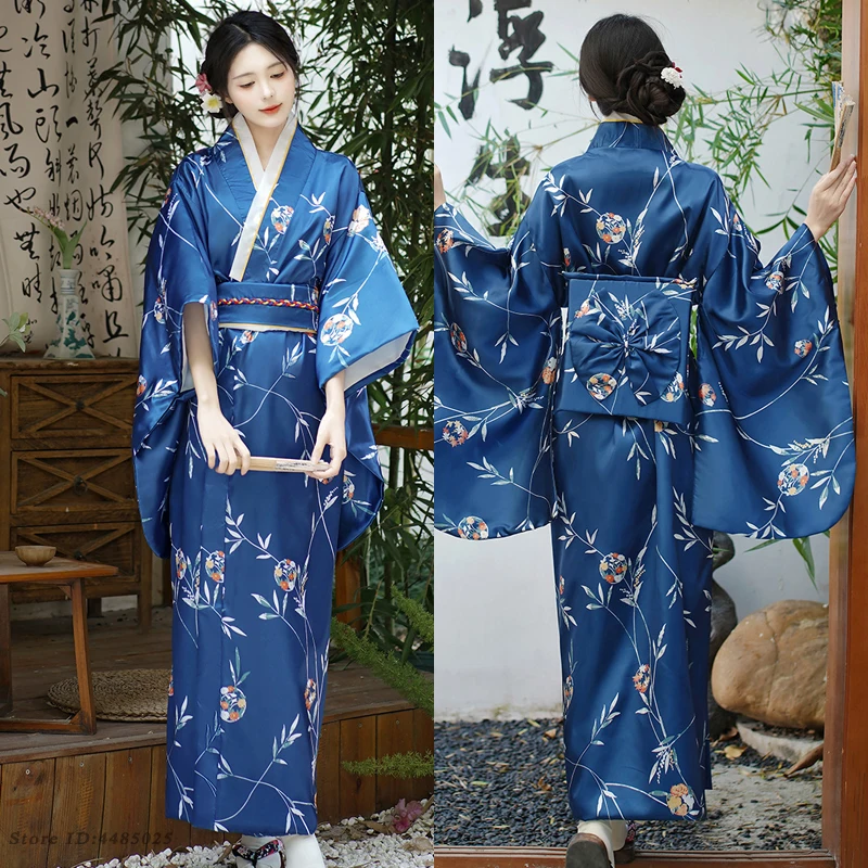 

Japan Kimono Gown Performance Cosplay Costume Women Vintage Blue Kimonos Asian Style Sexy Yukata with Obi Printed Geisha Dresses