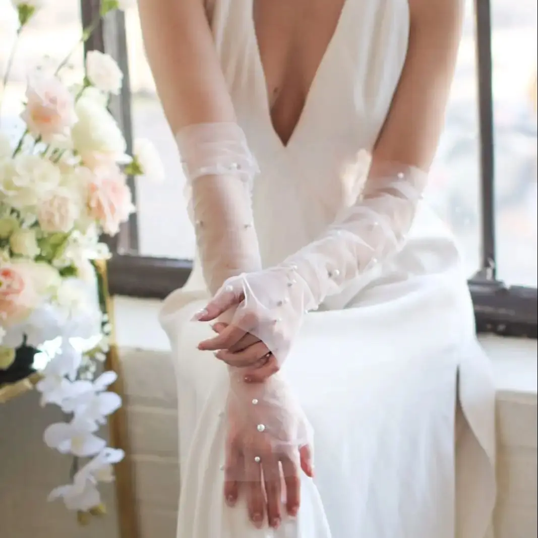 VPM03 Bridal Gloves Removable Sleeve Bride Long Bridal Gloves With Pearls Beaded Fingerless Opera Length Wedding Accessories