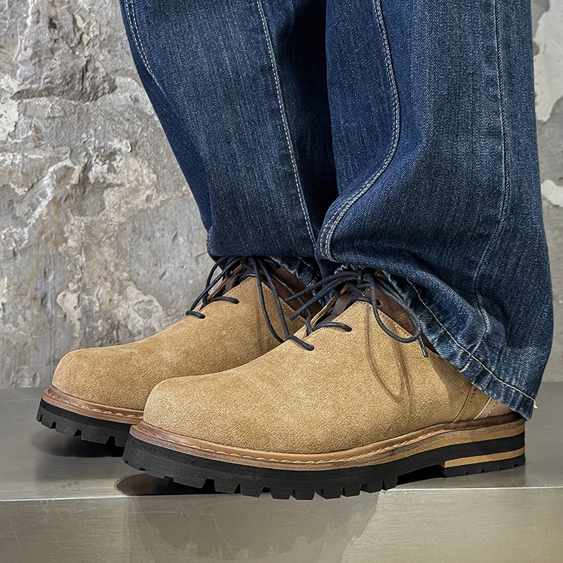Imitation Suede Patchwork Men Casual Work Shoes Retro Thick Soled Lace Up Fashionable Outdoor Commuting Single Shoes