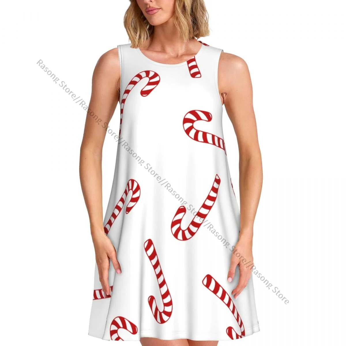 Women's Dress Christmas Pattern With Candy Cane Summer Casual T Shirt Beach Cover up Tank Dress
