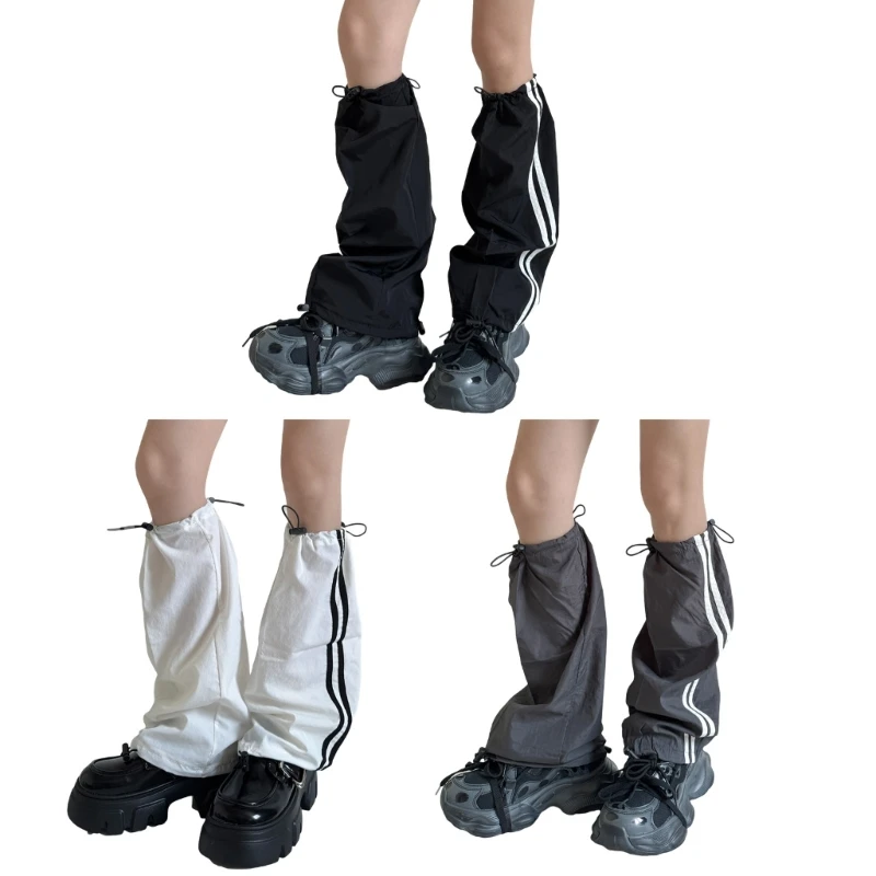 

Japanese Baggy Leg Sleeves with Drawstring for Women Harajuku Side Double Striped Cargo Leg Warmer Flared Footless Socks