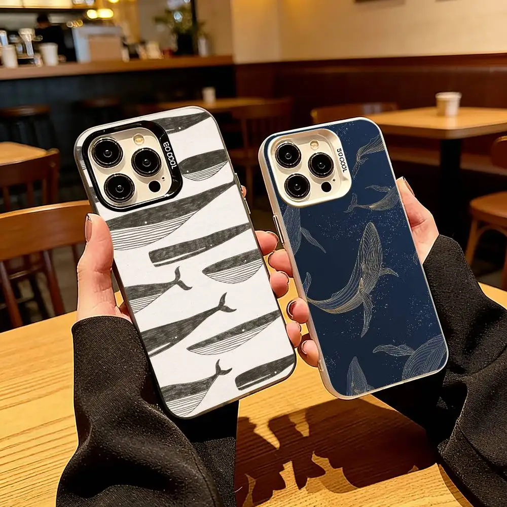 Simple and elegant Whale Pattern  Phone Case For iPhone 17,16,15,14,13,12,11 Plus,Pro Max,XS,Colored Silver Plated Inside Cover
