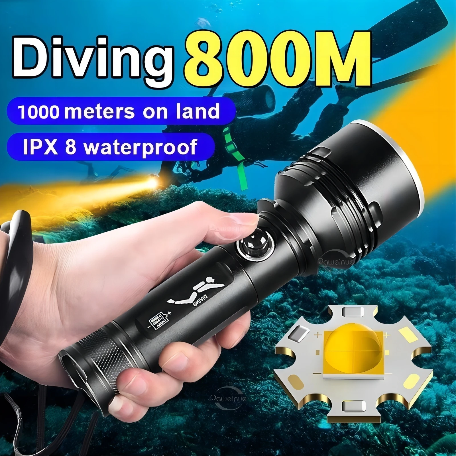 NEW XHP190 SuperBright Scuba Diving Flashlight IPX8 Yellow Light Professional Diving Torch Underwater Lamp 800M Waterproof Light