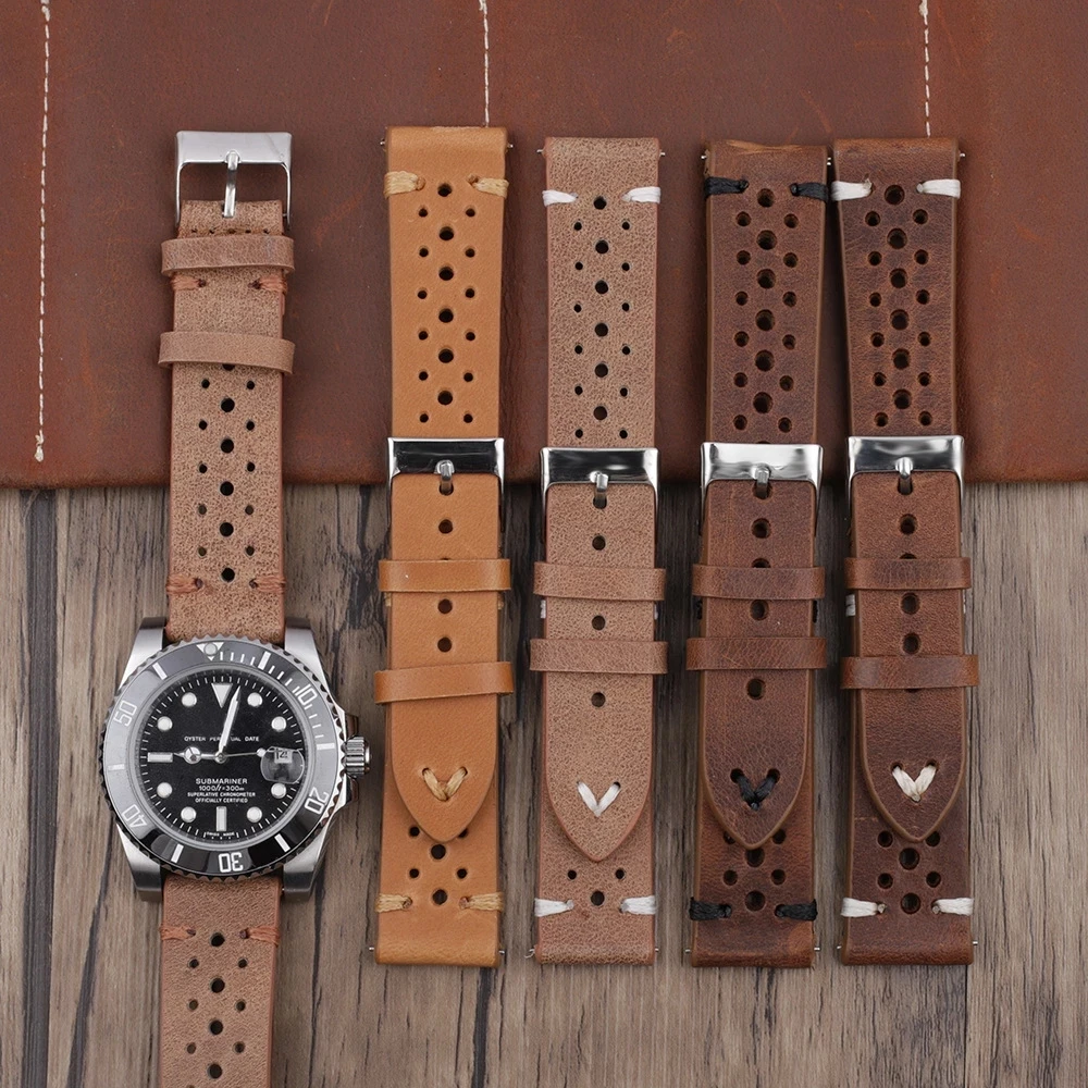 New Design Oil Wax Cow Leather Watch band 18mm 20mm 22mm 24mm Vintage Porous Watch Strap Handmade Watch Accessories