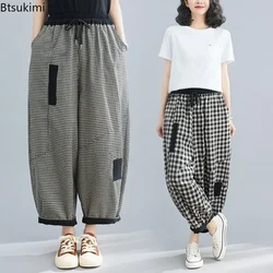 2026 Spring Korean Style Bloomers Women's Vintage Plaid Loose Ankle-length Pants Fashion Cotton Linen Casual Trousers for Women