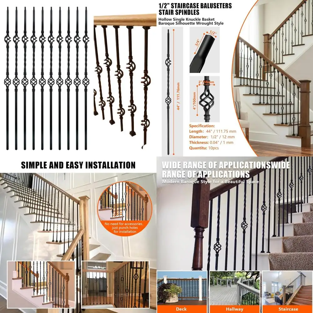 

Set of 10 Hollow Double Basket Twist Stair Spindles, 1/2 Satin Black Metal Balusters for Deck Railing