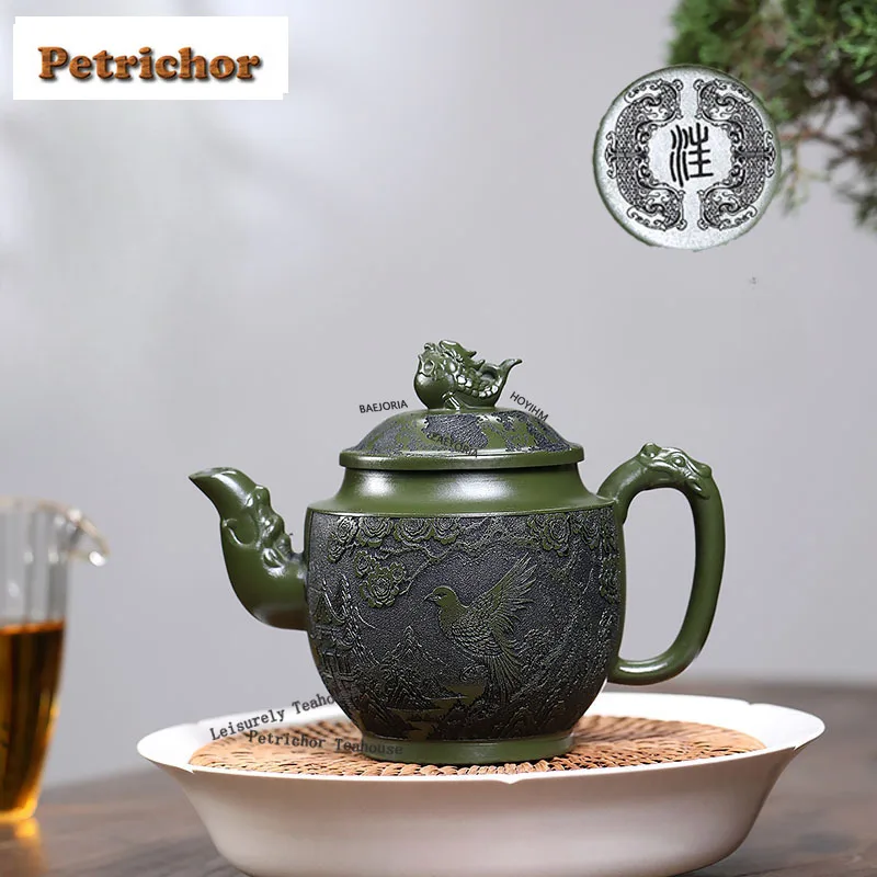 HOYIHM 310ml Yixing Purple Clay Teapots Handmade Flowers And Birds Pot Raw Ore Green Mud Tea Soaking Kettle Zisha Tea Set