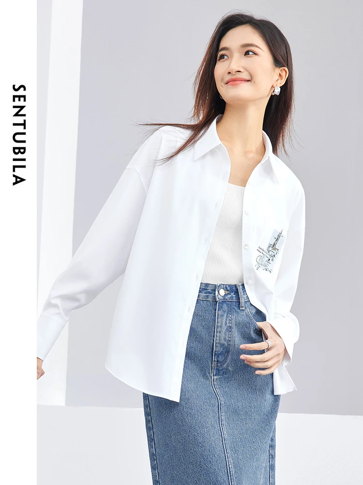 SENTUBILA Lapel Button Up Spring White Shirt 2024 Women\'s Long Sleeve Top Scenery Printed Casual Loose Women Blouse 141C52871