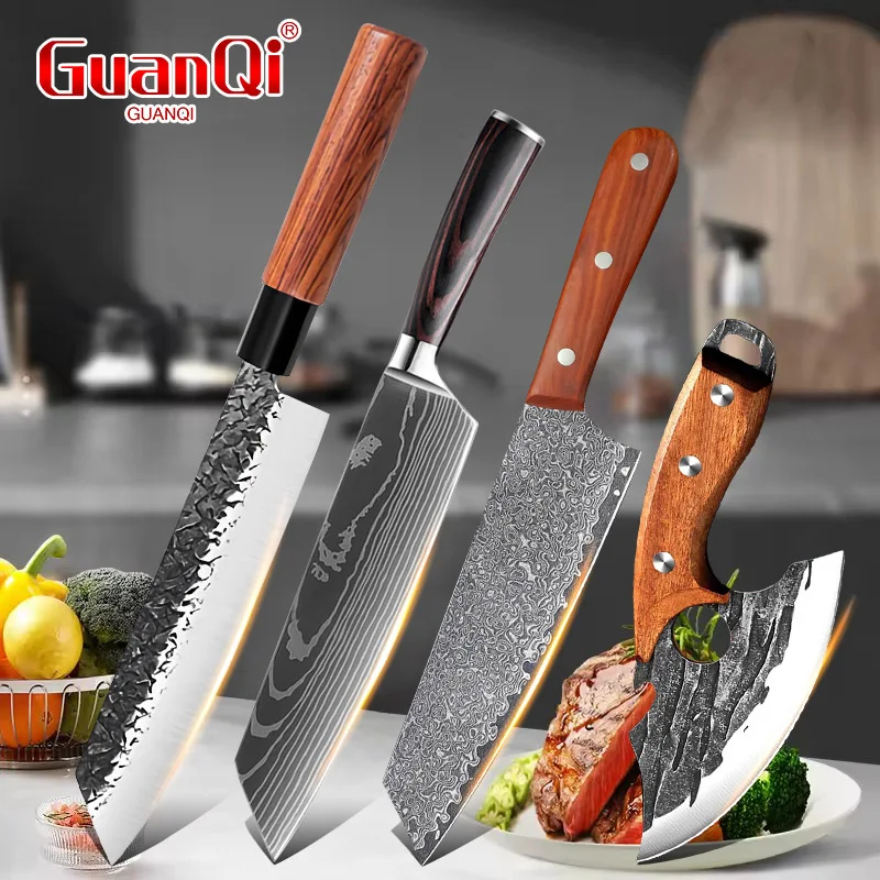 Sharp Stainless Steel Kitchen Knives Set Wood Handle Forged Chef Cleaver Slicing Knives for Home Cooking Food Cutting