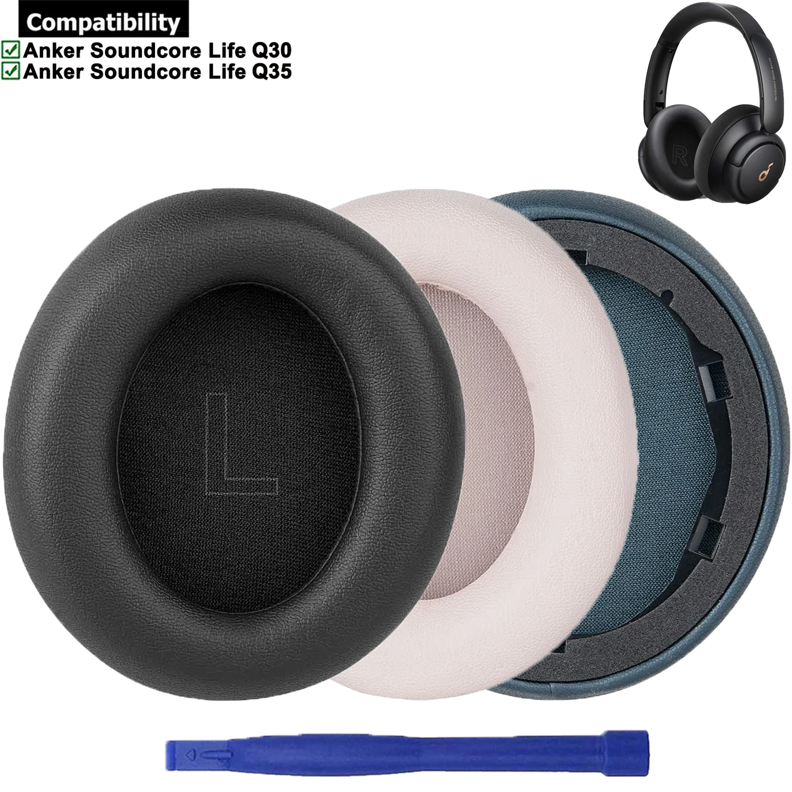 1par protein couro substituição earpads almofadas de ouvido almofada peças reparo para anker soundcore vida q10 q10 bt fones ouvido