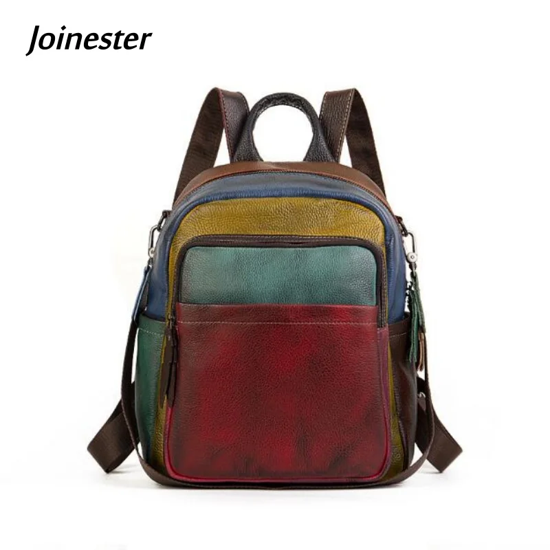 Color Blocked Top Grain Leather Backpack Fashionable Leisure Genuine Leather Travel Bags Functional Schoolbag