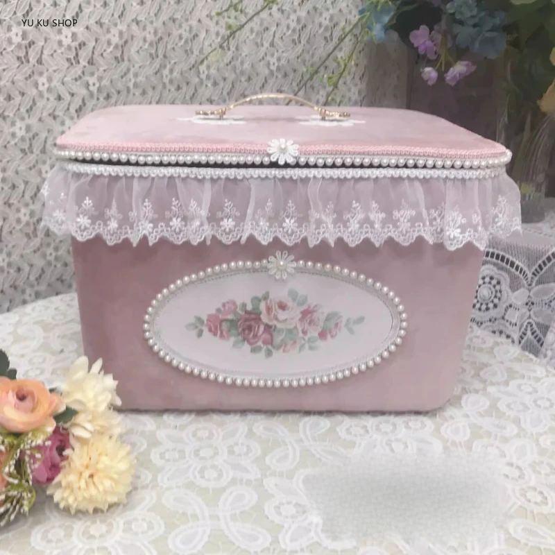 French Vintage Storage Basket Lace Bag Velvet-covered Storage Box with Lid Basket Handmade Clutter Kitchen Accessories Organizer