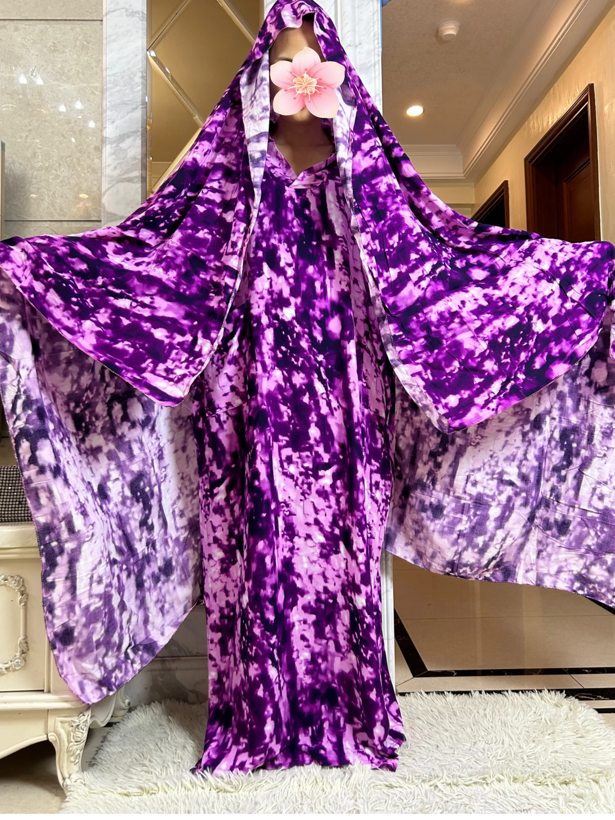 

2025New Muslim Ramadan Abaya Short Sleeve African Pure Cotton tie-dyeFabric Loose Femme Robe Islamic Dresses With Oversize Scarf