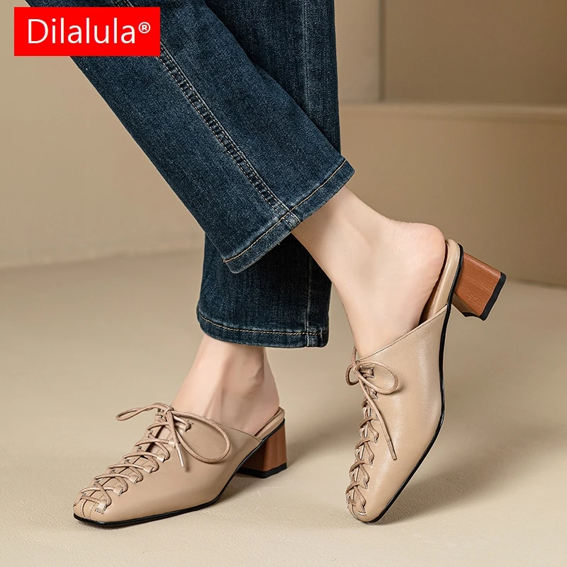 

Dilalula 2025 г., летние туфли-лодочки из натуральной кожи на шнуровке, женские шлепанцы с закрытым носком на среднем толстом каблуке, женская обувь для свиданий, элегантная