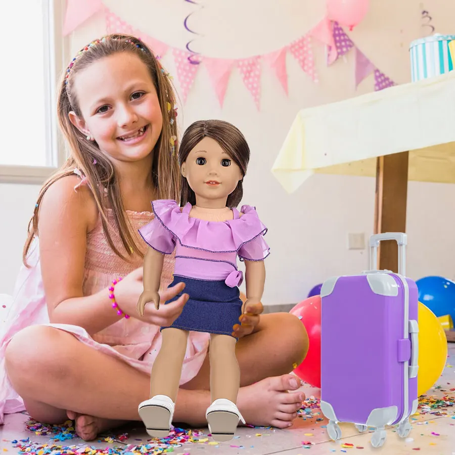 Mala de viagem para boneca de 18 polegadas, conjunto de bagagem de viagem, boneca americana, conjunto de mala de viagem, incluindo óculos de sol, câmera, brinquedos infantis