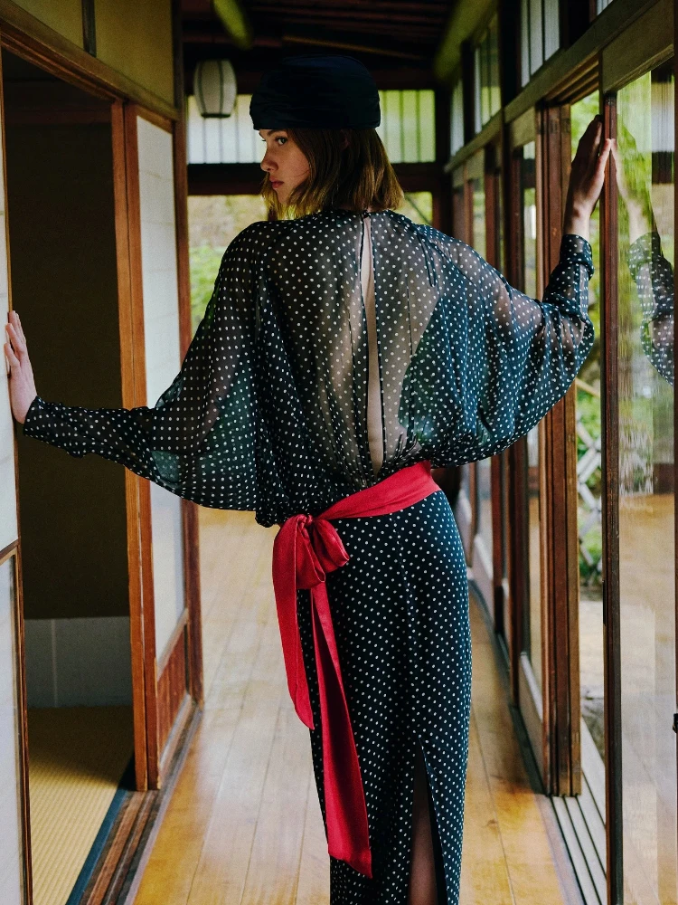 

Модное роскошное женское платье с принтом в горошек, с длинными рукавами, шикарное, прозрачное, из сетчатой ткани, облегающее, минималистичное вечернее платье