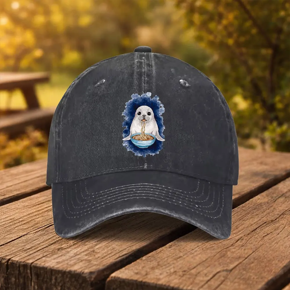 Eating Noodles Little Seal Print Baseball Cap Unisex Fashion Duckbill Hat Suitable for Outdoor Sports Fitness Travel Outing Mult
