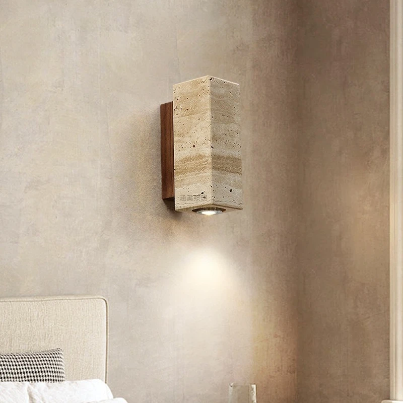 

Modern wabi-**** wind bedroom bedside wall lamp designer homestay living room background wall aisle yellow travertine LED wall