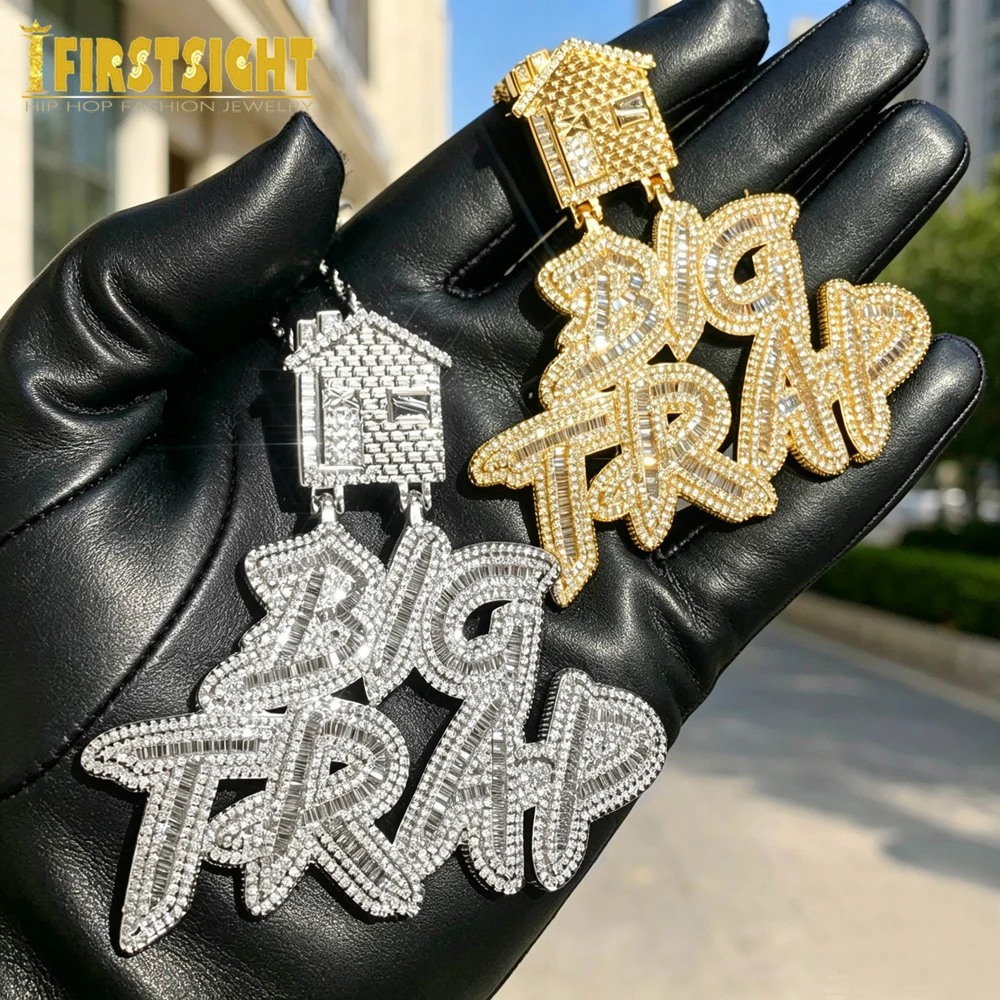 New Iced Out Bling Hip Hop Cursive Letter Big Trap Pendant Necklace CZ Cubic Zirconia House Charm Men Women Fashion Jewelry