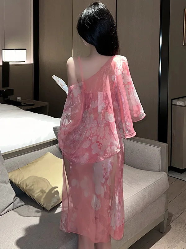 Estilo antigo sexy hanfu uniforme vestido elegante doce malha renda pura transparente rosa quente sexy coreano feminino topos 2023 gy3j
