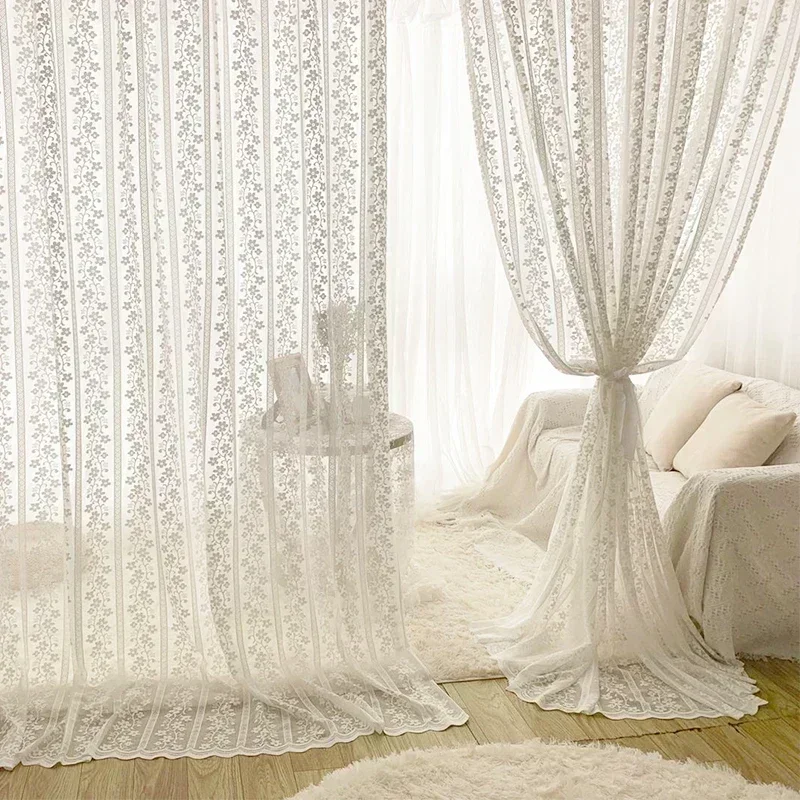 Fine Woven Lace Curtains for Living Dining Room Bedroom White Lace Tulle Curtains Mosquito Net Finished Product Customization