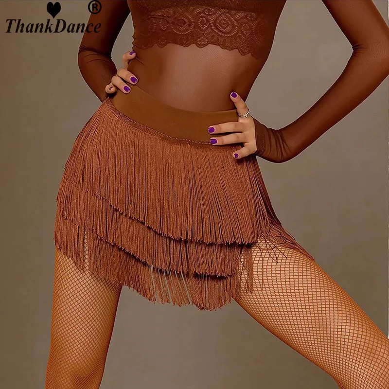 ラテンダンススカート女性ショートスカート大人のタッセルドレス練習ステージ衣装パフォーマンス三層スカートチャチャダンスウェア