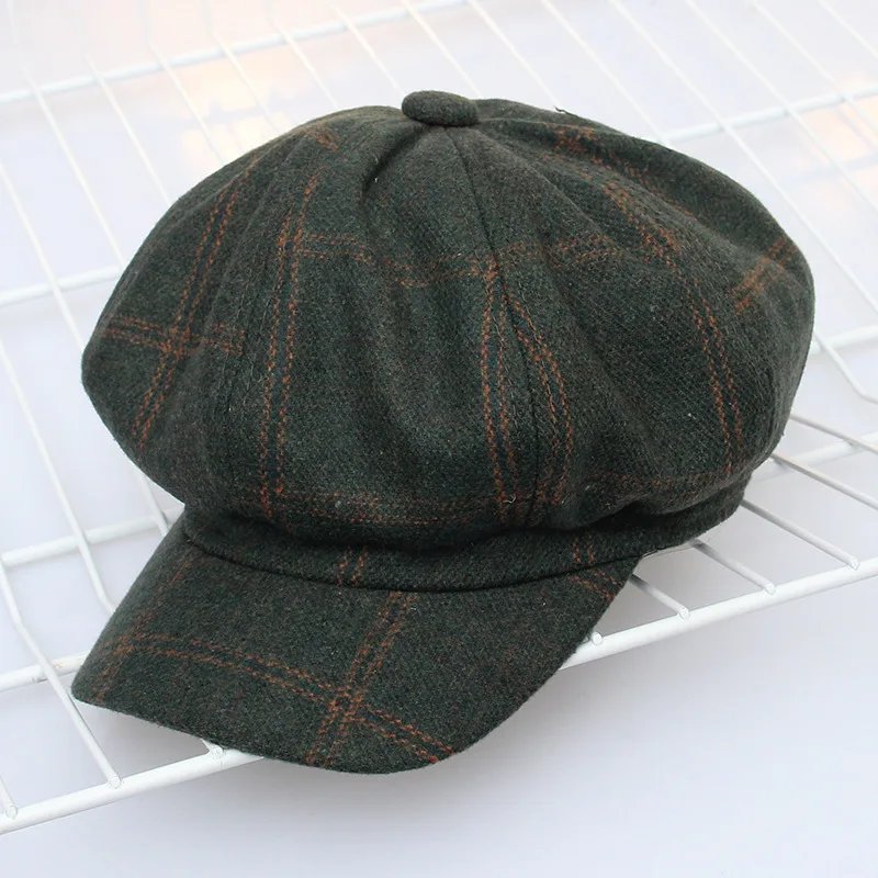 Retro Art Oktagonal Topi untuk Wanita Musim Dingin Musim Gugur Kasual Plaid Artis Gaya Inggris Baret Wol Wanita Topi