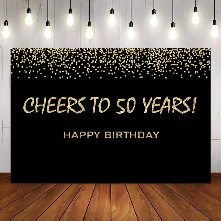 

Cheers to 50 years happy birthday backdrop fifty fabulous theme party decoration supplies black gold glitter photo background