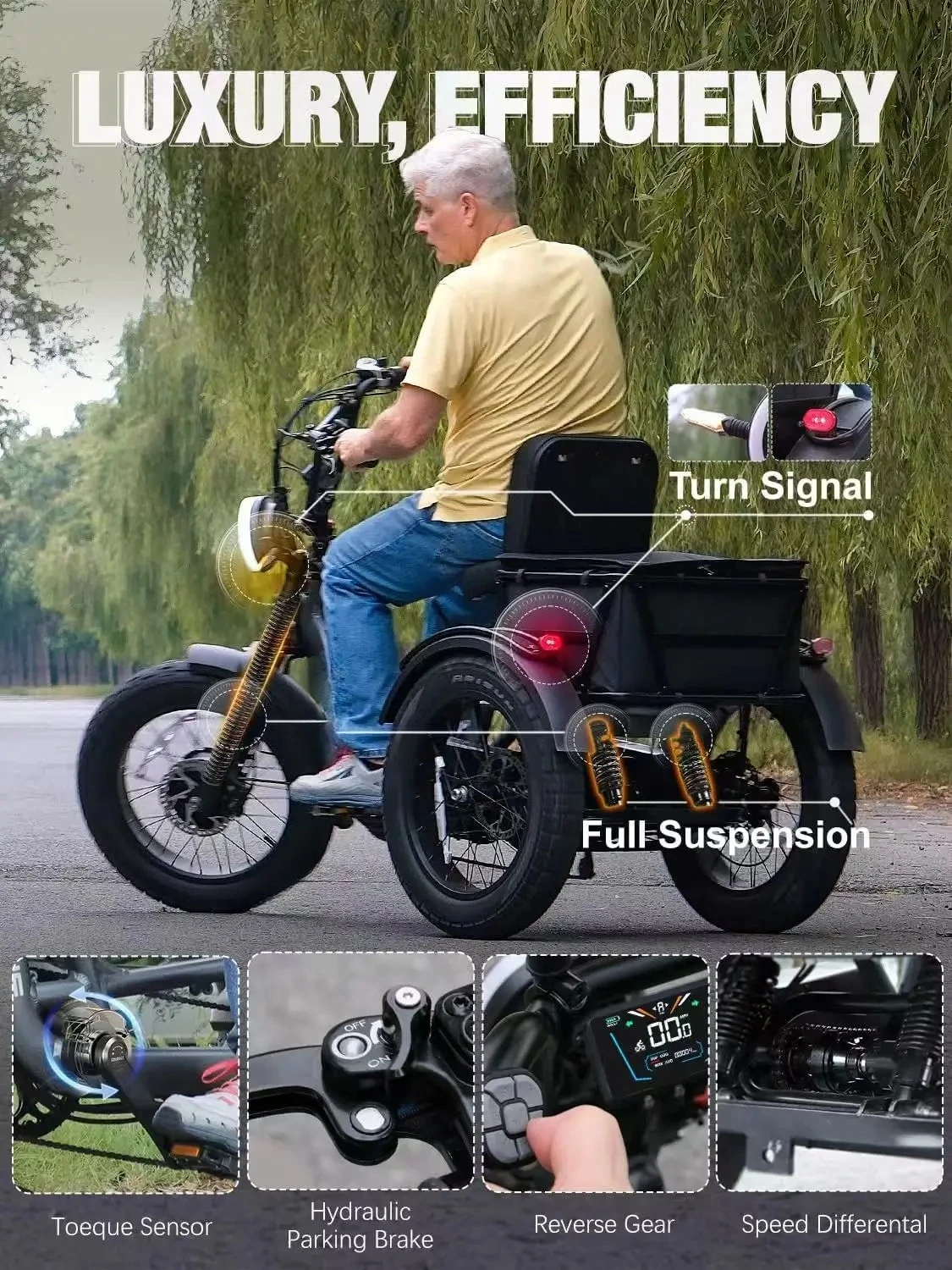 High Power Long Range Dual Motor Dual Battery 3 Wheel E Cargo Trike Adults Sand and Snow Fat Tire Electric Delivery Tricycle