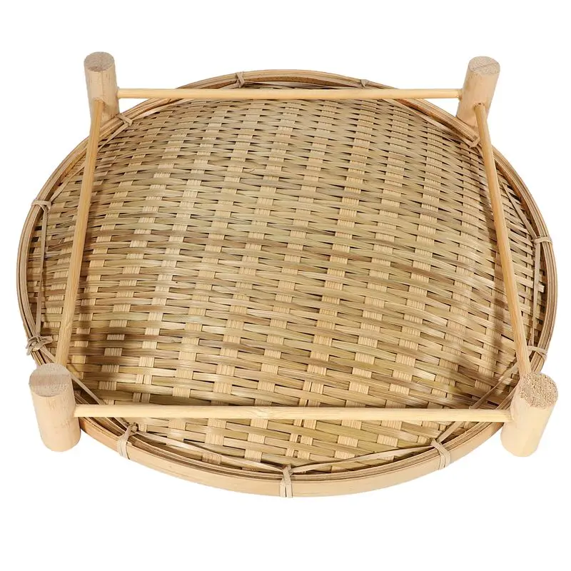 Handmade Woven Bamboo Fruit Basket Food Bread Organizer Kitchen Storage Decorative Round Plate With Bracket