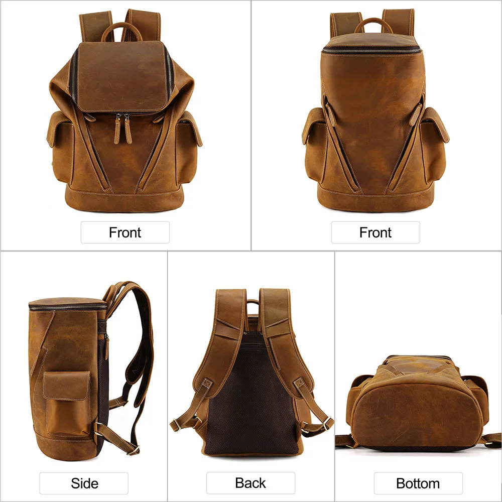 Crazy Horse Leather Backpack Men\'s Casual Fashion Travel Bag Large Capacity Shoulder Bag