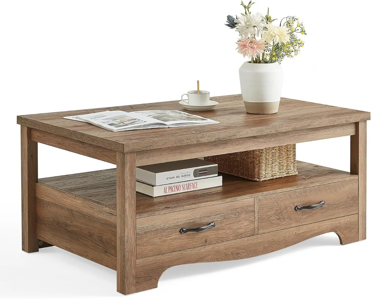 Farmhouse Coffee Table with Storage, Wood Coffee Table for Living Room, Open Display Area and Storage Drawers