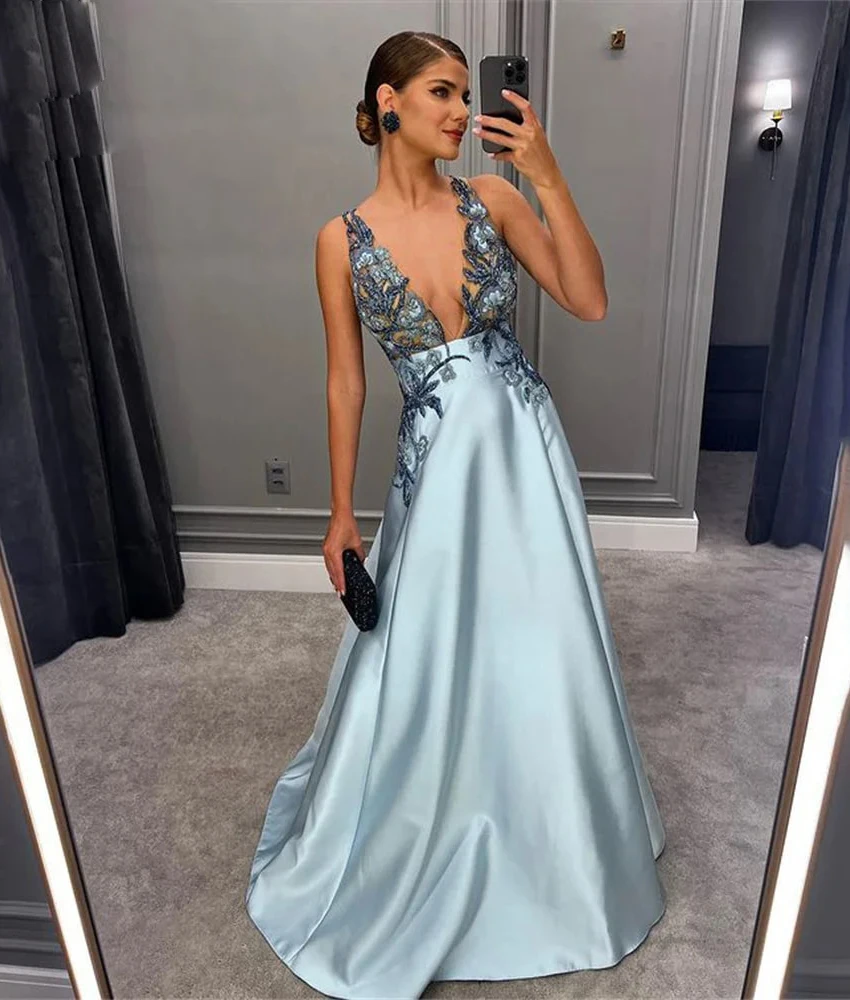 

Сексуальное атласное вечернее платье трапециевидной формы с аппликацией из бисера и жемчуга по индивидуальному заказу, темпераментное платье для выпускного вечера без рукавов с v-образным вырезом в пол